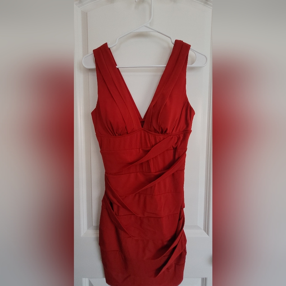 Emerald Sundae Red Ruched V-Neck Bodycon Mini Dress